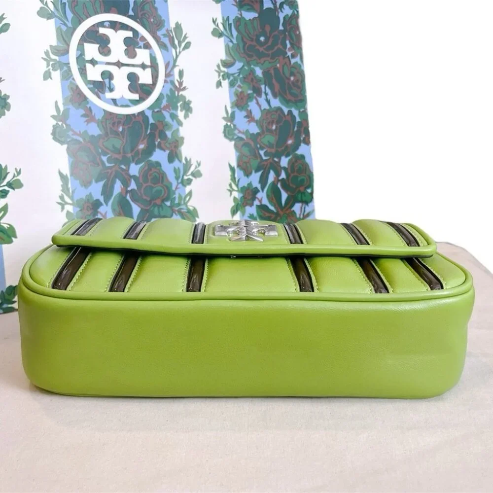 Tory Burch Bombe Kira Stripe Flap Bag Green Leather With Silver Hardware - Picture 10 of 13